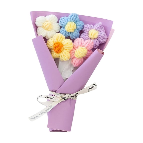 Colorful Crochet Flower Bouquet Plush Toy Handmade Knitted Floral Arrangement with Multicolor Blooms Wrapped in Burgundy Paper Decorative Ribbon Gift for Valentine’s Day