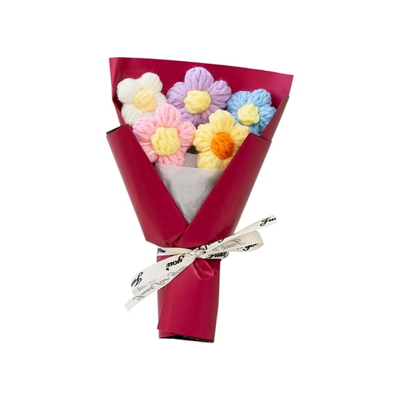 Colorful Crochet Flower Bouquet Plush Toy Handmade Knitted Floral Arrangement with Multicolor Blooms Wrapped in Burgundy Paper Decorative Ribbon Gift for Valentine’s Day