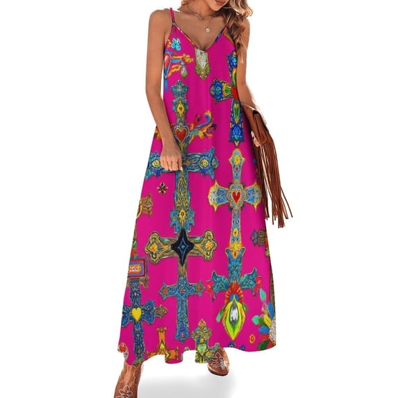 Colorful Cross Patterns Sleeveless Suspender Dress Summer Fashion Casual Long Dress