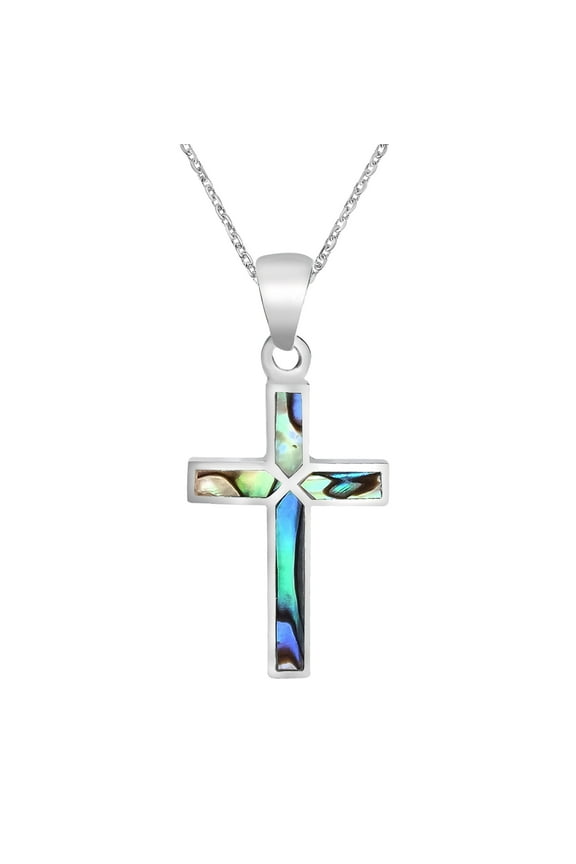 Colorful Cross of Faith Inlaid Abalone Shell .925 Sterling Silver Necklace