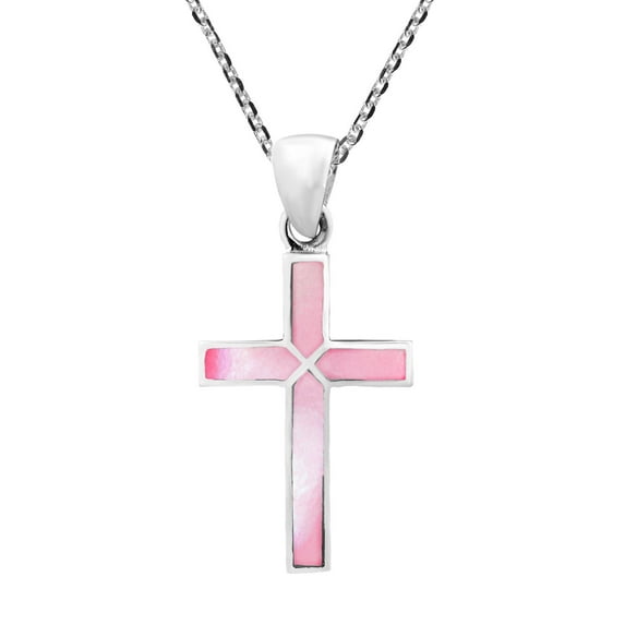 Colorful Cross of Faith Inlaid Pink Shell .925 Sterling Silver Necklace