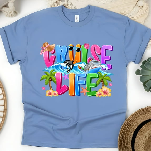Colorful Cruise Life T-Shirt – Ocean Whale and Tropical Vacation Tee, CarolinaBlue, Size 2XL