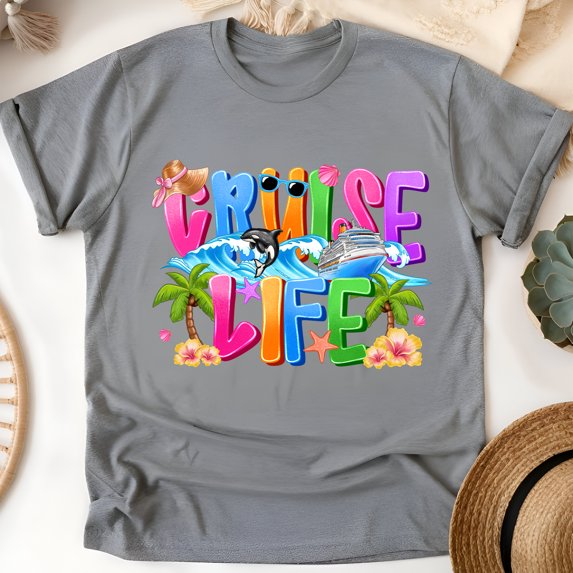 Colorful Cruise Life T-Shirt – Ocean Whale and Tropical Vacation Tee, Graphite Heather, Size S