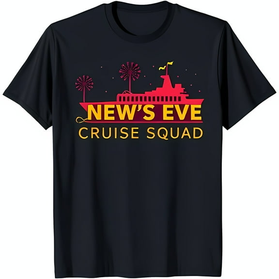 Colorful Cruise Ship & Graphic Black T-Shirt New Year's Eve Squad