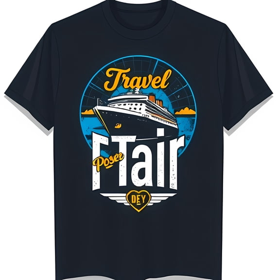 Colorful Cruise Ship Graphic T-Shirt Travel Fair Design on Dark Blue Tee