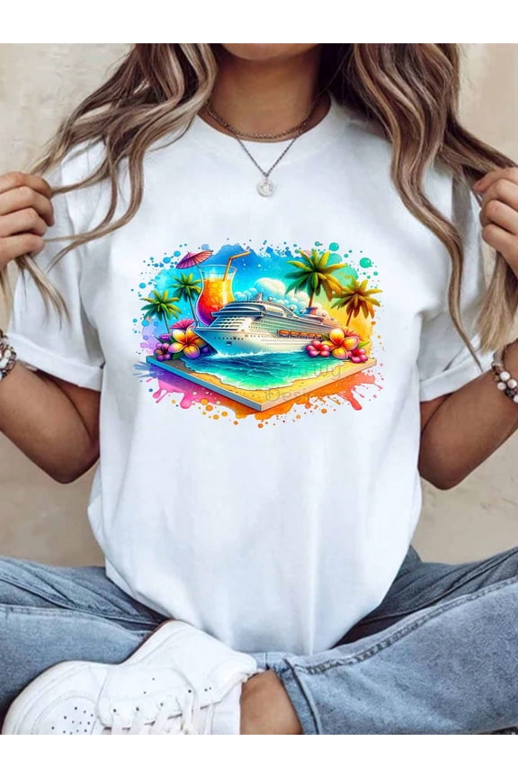Colorful Cruise Ship Tropical Paradise Beach Scene T Shirt Summer Vacation Travel Themed Graphic Tee For Women Men Unisex Casual Wear Gift Idea For Holidays And Festivals,220g