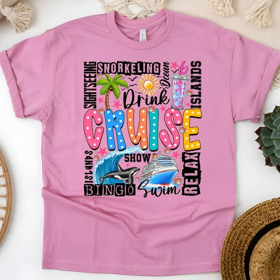 Colorful Cruise Word Art Shirt – Drink, Swim, Relax Graphic Tee for Women & Men, Azalea, Size 3XL