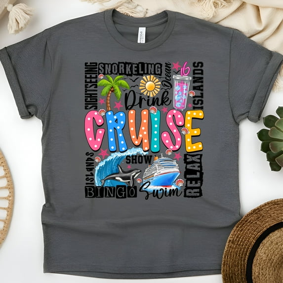 Colorful Cruise Word Art Shirt – Drink, Swim, Relax Graphic Tee for Women & Men, Dark Heather, Size 2XL