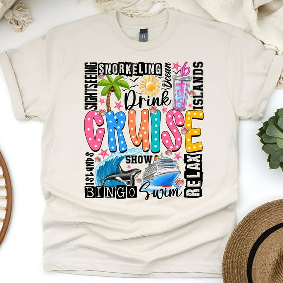 Colorful Cruise Word Art Shirt – Drink, Swim, Relax Graphic Tee for Women & Men, Natural, Size 3XL