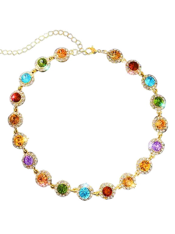 Colorful Crystal Choker Necklace Rainbow Necklace and Bracelet Jewelry Set for Women Multi Colored Gemstone Chokers,Sparkly Rhinestone Rave Prom Costume Jewelry Chrismas Mothers Day Gifts