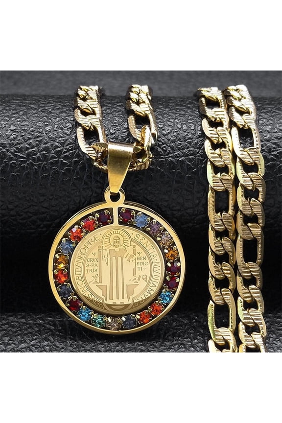 Colorful Crystal Saint Benedict Medal Necklace Women Men 14K Yellow Gold Chain Necklaces Jewelry San Benito