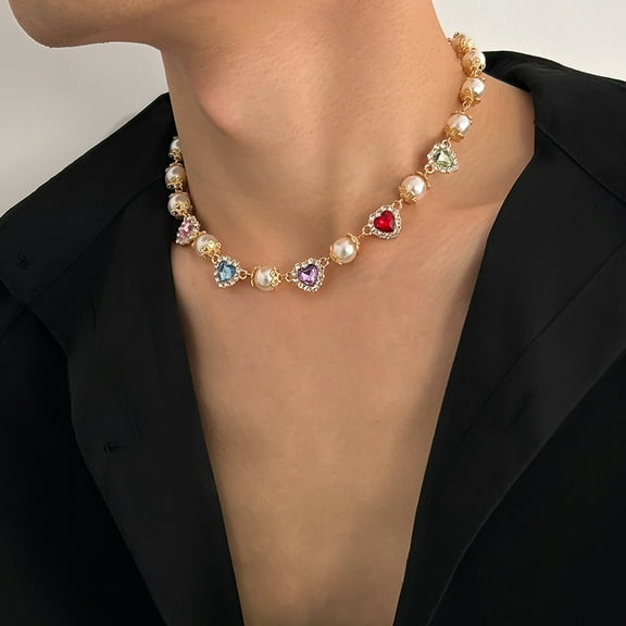 Colorful Crystals Love Pearl Stitching Necklace