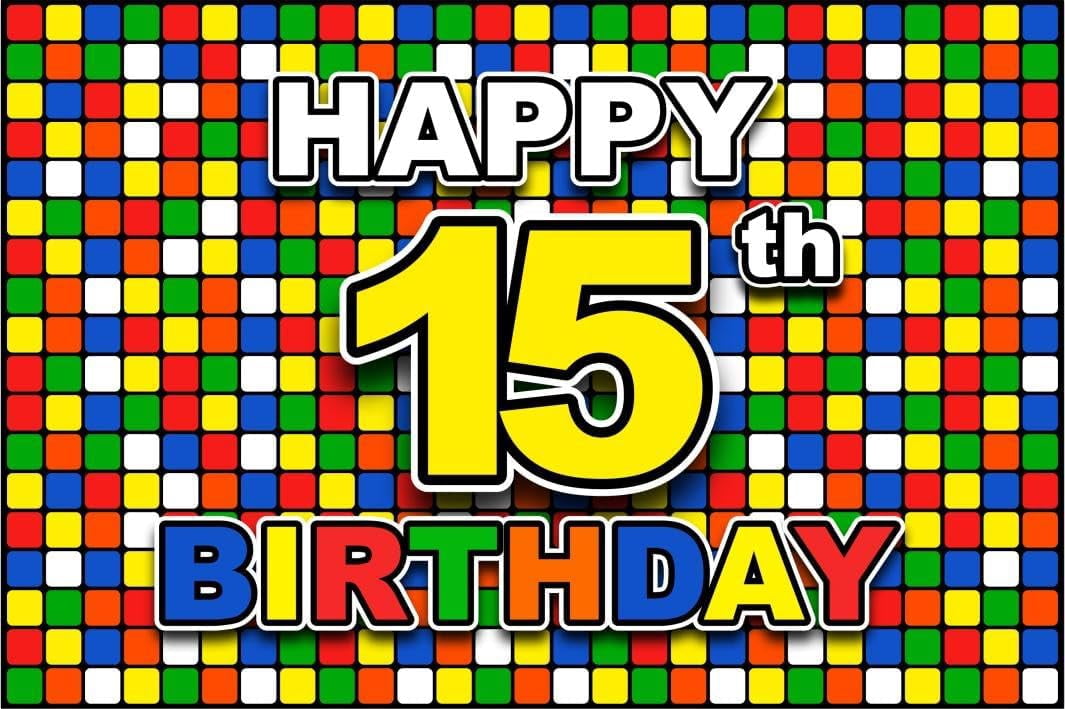Colorful Cube Happy 15th Birthday Backdrop Banner Colorful Plaid Block ...