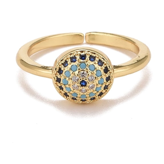 Colorful Cubic Zirconia Flat Round Open Cuff Ring Rack Plating Brass Jewelry for Women Cadmium Free & Lead Free Real 18K Gold Plated Inner Diameter: 16~16.5mm
