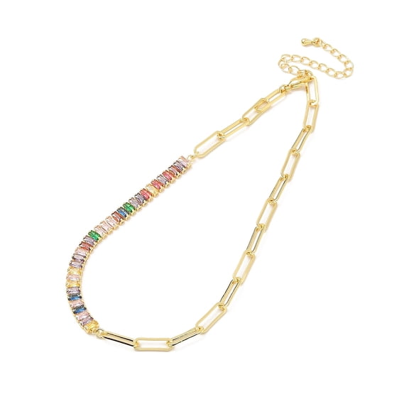 Colorful Cubic Zirconia & Paperclip Chain Necklace with Rack Plating Brass Chain Extender & Lobster Claw Clasps Lead Free & Cadmium Free Real 18K golden Plated 13-5/8~13-3/4 inch(34.6~34.8cm)