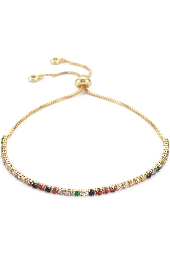 Colorful Cubic Zirconia Tennis Bracelet 10.6inch Real 18K Gold Plated Brass Slider Bracelet Adjustable Slider Bracelet Adjustable Tennis Bracelet with Shiny Brillant Cubic Zirconia