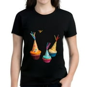 YIDUO Colorful Cupcake Design Women's Cotton Short Sleeve T-Shirt - Fun Party Theme with Sprinkles & Bird