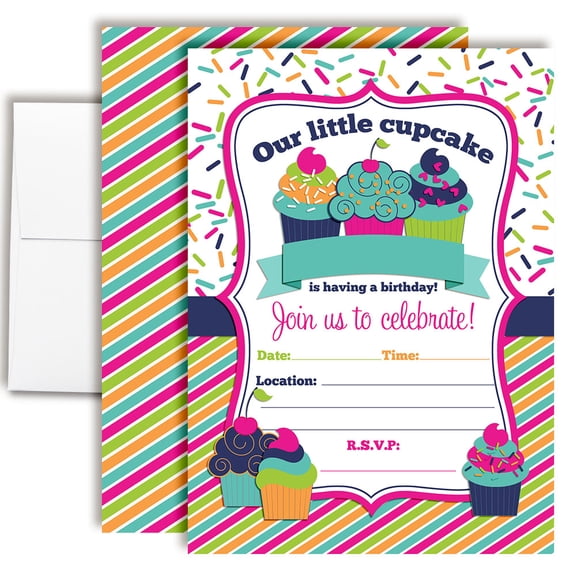 Colorful Cupcakes Birthday Invitations for Kids, 20 Fill-In Cards with Envelopes, 5x7 Children's Party Invitations, Birthday Party Supplies, Made in USA by Amanda Creation