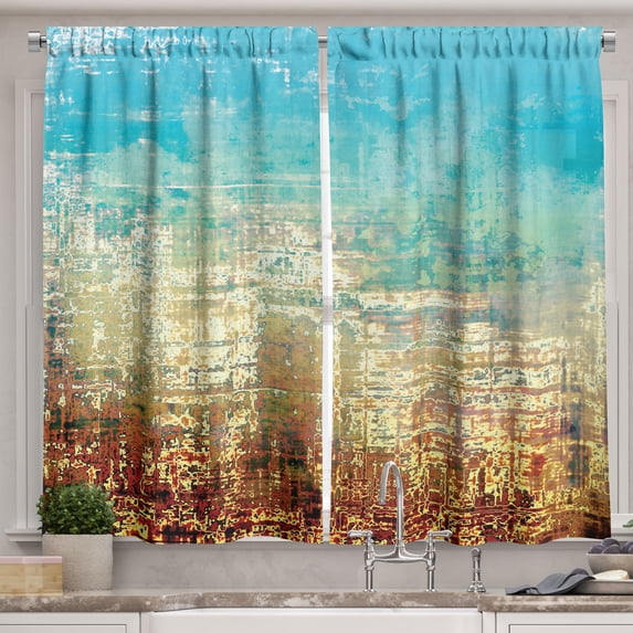 Colorful Curtains 2 Panels Set, Abstract Creative Weathered Design Grunge Effect Contemporary Art, Window Drapes for Living Room Bedroom, 55"W X 39"L,Brown Yellow Aqua and White, by Ambesonne