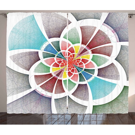 Ambesonne Colorful Curtains 2 Panel Set, Circles Fractal Lines, 108" x 63", Multicolor