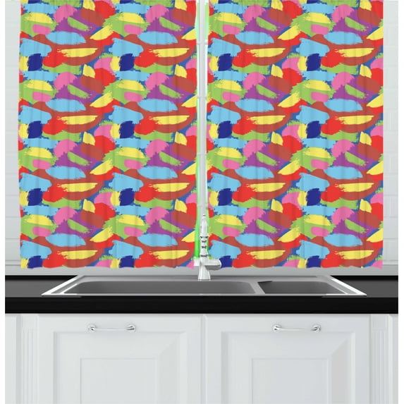 Colorful Curtains 2 Panels Set, Creative Art Abstract Composition with Lively Colored Brush Strokes Grunge Paint, Window Drapes for Living Room Bedroom, 55W X 39L Inches, Multicolor, by Ambesonne