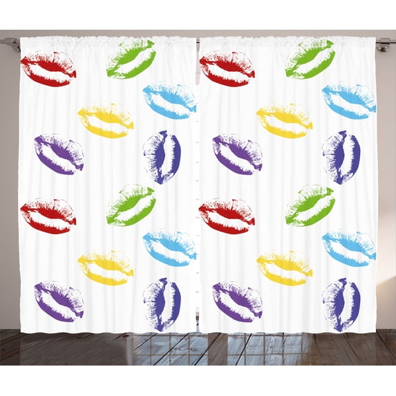 Ambesonne Colorful Curtains 2 Panel Set, Seductive Lips Kisses Art, 108" x 63", Multicolor