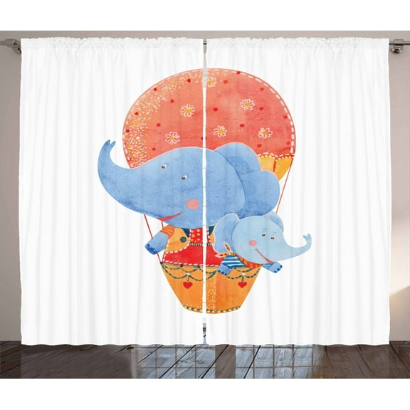 Colorful Curtains 2 Panels Set, Mother and Baby Elephants Flying with a Hot Air Balloon Watercolor Cartoon Print, Window Drapes for Living Room Bedroom, 108W X 90L Inches, Multicolor, by Ambesonne