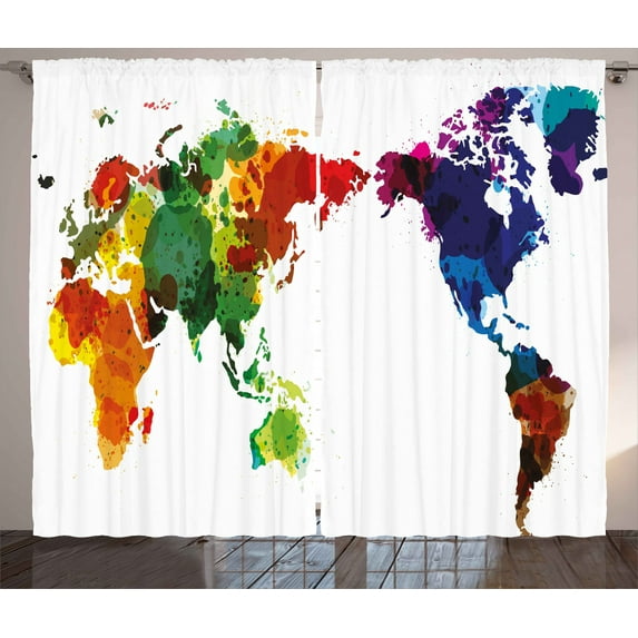 Ambesonne Colorful Curtains 2 Panel Set, Abstract Wold Map, 108" x 90", Multicolor