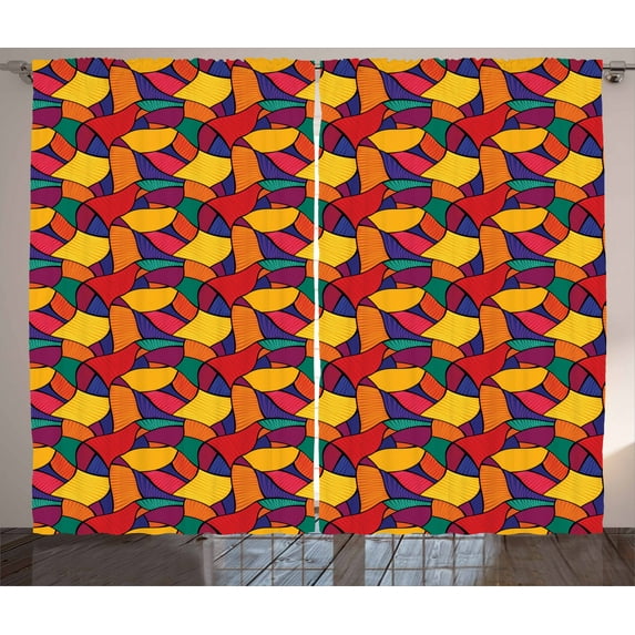 Colorful Curtains 2 Panels Set, Vivid Mosaic Composition with Wavy Lines and Zigzag Details Native Cultural Design, Window Drapes for Living Room Bedroom, 108W X 96L Inches, Multicolor, by Ambesonne
