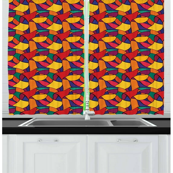 Colorful Curtains 2 Panels Set, Vivid Mosaic Composition with Wavy Lines and Zigzag Details Native Cultural Design, Window Drapes for Living Room Bedroom, 55W X 39L Inches, Multicolor, by Ambesonne