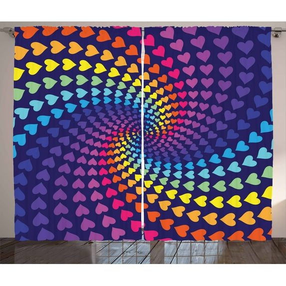 Ambesonne Colorful Curtains 2 Panel Set, Twirl of Hearts Retro, 108" x 96", Multicolor