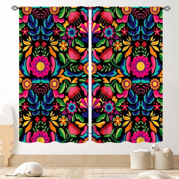 Colorful Curtains, Mexican Floral Traditional Cinco De Mayo Dia De Los Muertos Mexcian Fiesta Farmhouse Rustic Blackout Window Drapery for Bedroom Living Room Kitchen Bathroom, 84;x63; Inch