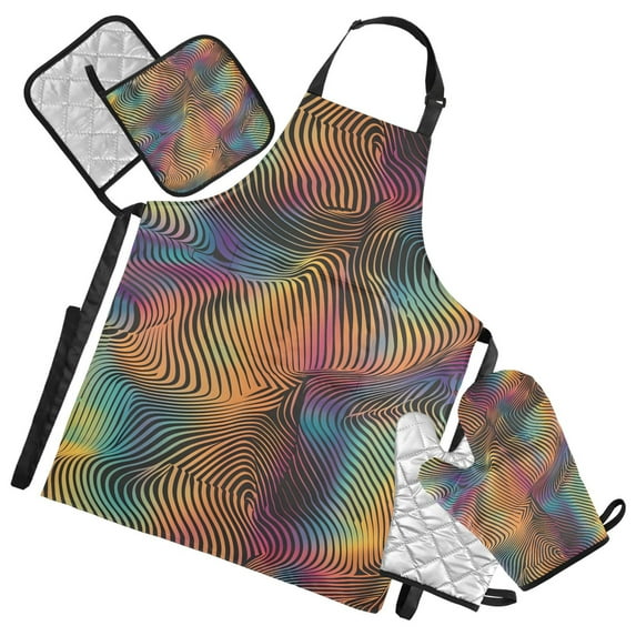 Colorful Curve Lines 5 Pcs Kitchen Set Heat Resistant Oven Mitts and Non-Slip Pot Holders with Adjustable Cooking Apron
