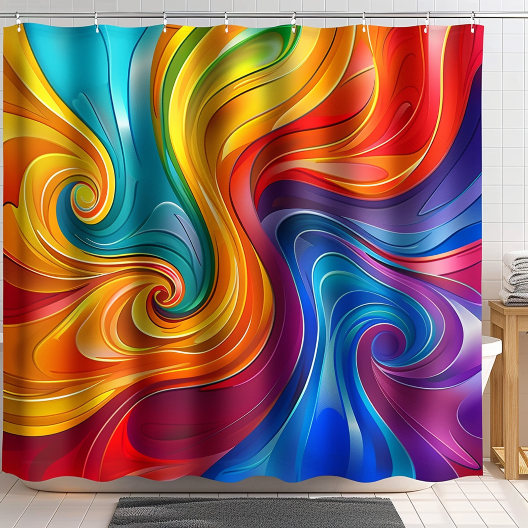 Colorful Curved Wave Design Bathroom Curtain Modern Art Style Vibrant