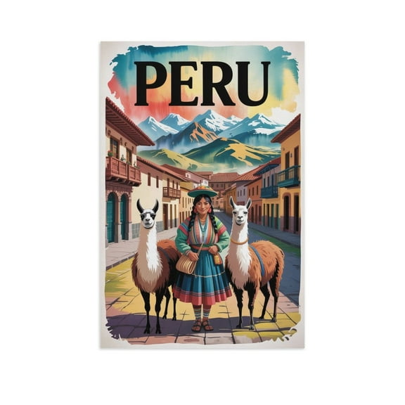 Colorful Cusco Peru Vintage City Travel Poster Featuring Traditional Quechua Scene Canvas Poster