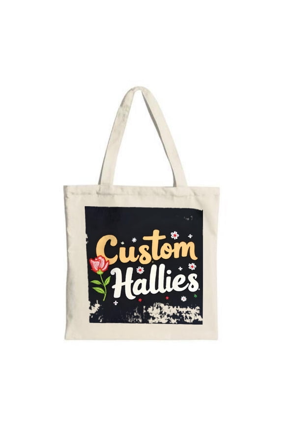 Colorful Custom Hallies Tote Bag with playful font dark background red flower accents perfect for shopping travel and parties