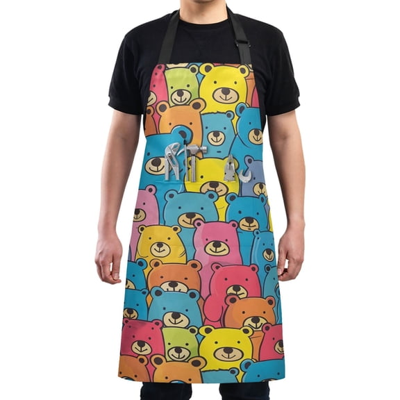 Colorful Cute Bears Kitchen Apron with 2 Pockets Adjustable waterproof Cooking Aprons for Women Men Chef