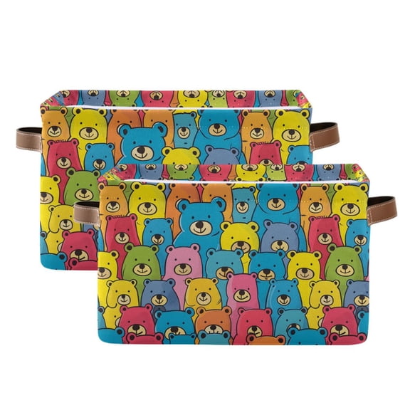 Colorful Cute Bears Storage Bins with Handle Fabric Organizer Basket Foldable Box 2 Pack 14.2x10.2x8.3