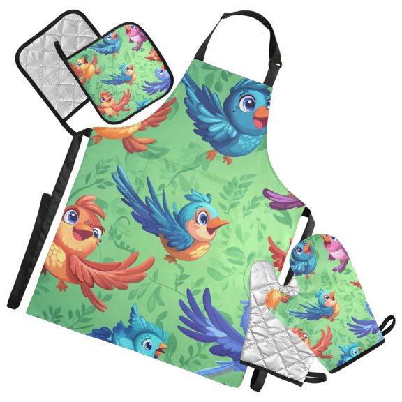 Colorful Cute Birds on Green Oven Mitts and Pot Holders with Chef Apron Set 5 Pcs Kitchen Cooking Set