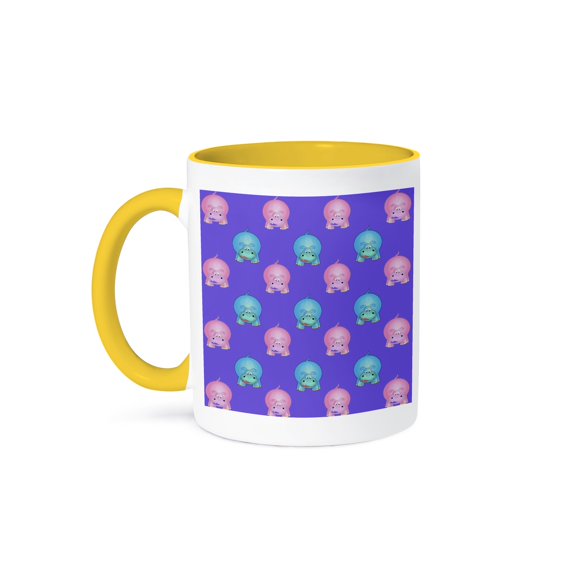 Colorful Cute Cartoon Hippos (Hippopotamus) In Pink And Blue On A Purple Background, 11oz Two-Tone Yellow Mug