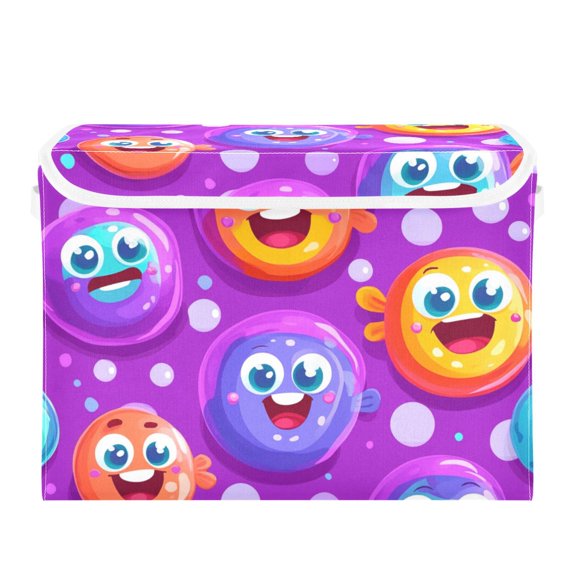Colorful Cute Cartoon Large Storage Bins with Linen Collapsible Lid Storage Box 16.7 x 12.6 x 11.8in