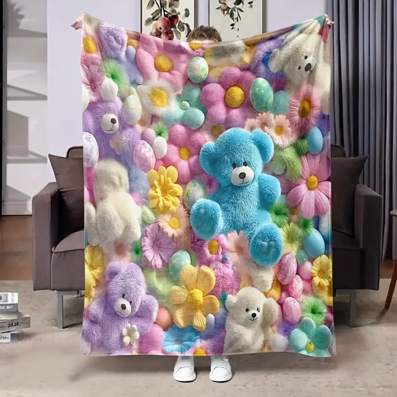 Colorful Cute Cartoon Plush Bear Pattern Flannel Blanket, Soft Casual Warm Throw, Multi-Purpose Office and Outdoor Camping Travel Blanket, All-Season Versatile Gift Blanket