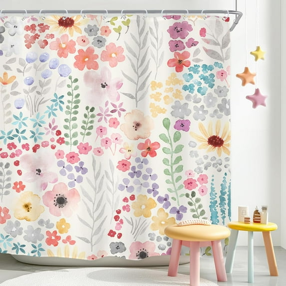 Colorful Cute Floral Shower Curtain for Bathroom Decor 84Wx72H Watercolor Flower Plants Botanical Kids Funny Multicolor Art Printed Fabric Polyester Waterproof 12 Pack Plastic Hook