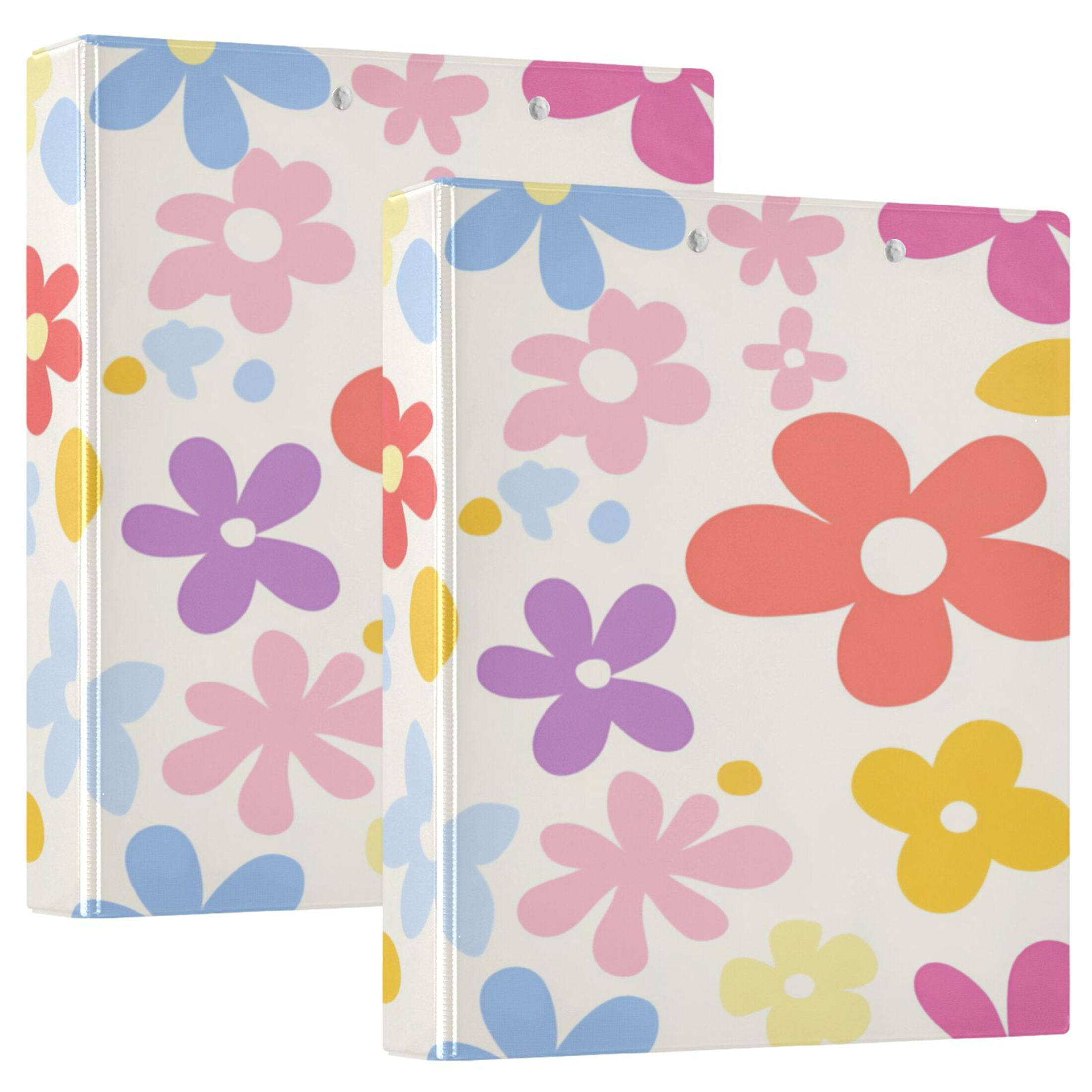 Colorful Cute Flowers Patte 12.4x10.6in PVC Round Ring Binder, D-Ring 3-Hole, Metal Clip, 200 Sheets