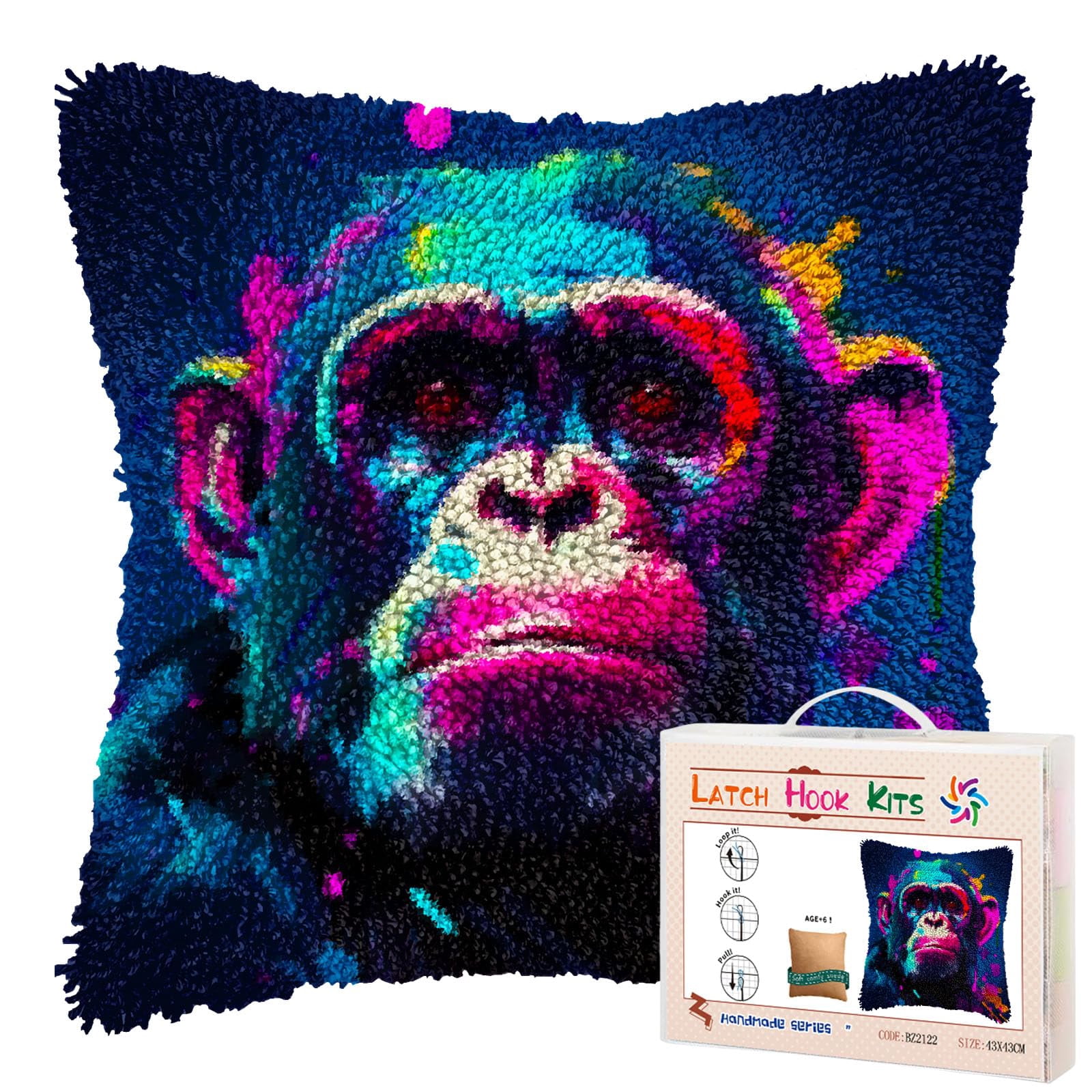 Colorful Cute Monkey DIY Latch Hook Pillow Kits for Adults Printed Pillowcase Crochet Yarns Hooking Handmade Pillow Cover Cushion for Home Sofa Decoration 17x17inch