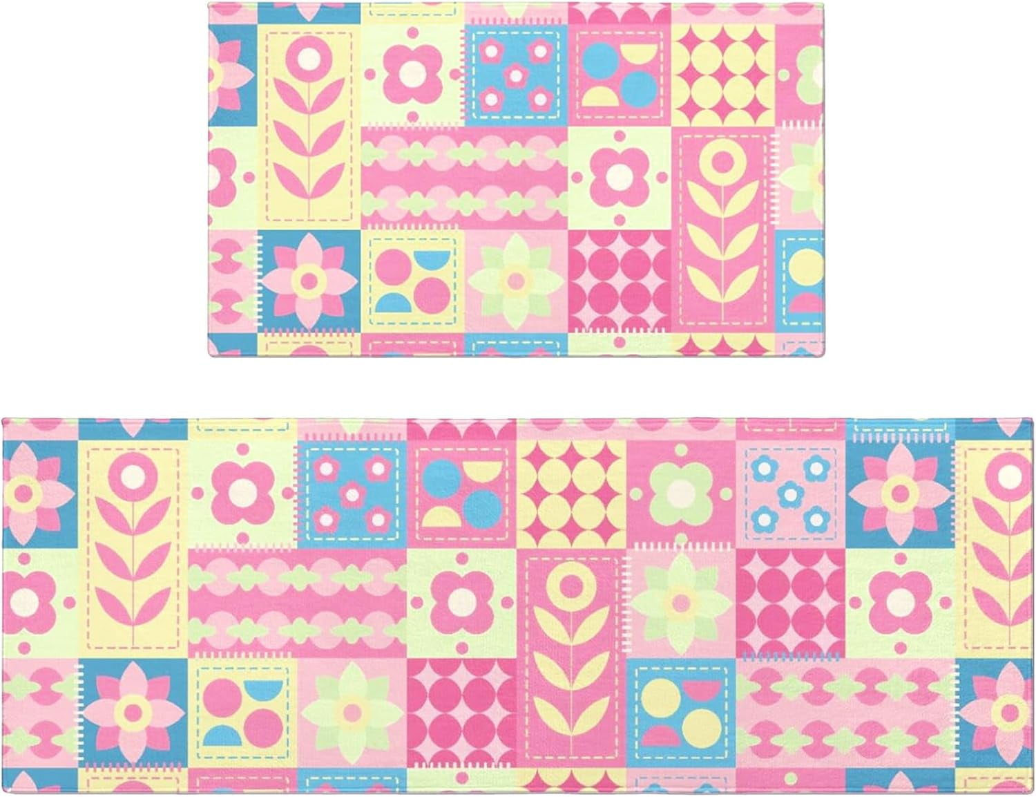 Colorful Cute Pink Kitchen Mats for Floor Set of 2, Geometry Yellow Floor Mat Carpet Runner Area Rug Washable, Pink Home Kitchen Decor and Accessories Stuff, 17x30 and 17x47 Inch
