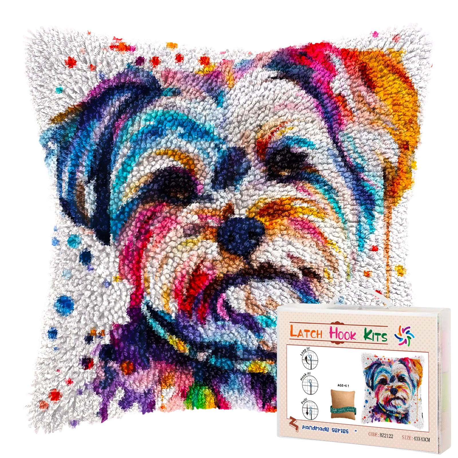 Colorful Cute Shih Tzu DIY Latch Hook Pillow Kits for Adults Printed Pillowcase Crochet Yarns Hooking Handmade Pillow Cover Cushion for Home Sofa Decoration 17x17inch