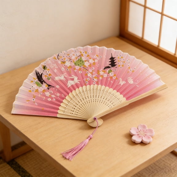 Colorful Cute Silk Folding Fan with Tassel Portable Hand Fan for Wedding Party Home Decoration Durable Wooden Frame Clear Printing Lightweight Stage Props Supplies