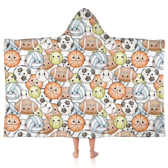 Colorful Cute Sports Balls Pattern Hooded Bath Towel,50"x30" for Ages 3 To 12 Kids, Quick Dry Lightweight Soft Microfiber Hood Beach Towel Cover Up for Kids