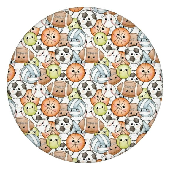 Colorful Cute Sports Balls Pattern Round Fitted Tablecloth with Elastic Edge,Dining Table Cover Waterproof,Outdoor Round Tablecloth for Camping,Dining,Indoor and Outdoor